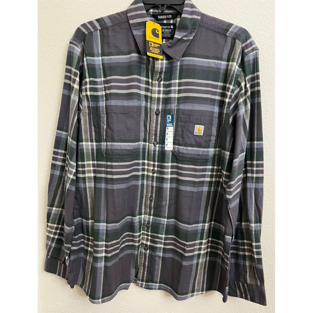 Carhartt Rugged Flex Plaid Flannel Shirt Mens XL Tall Relaxed Fit Grey Green New